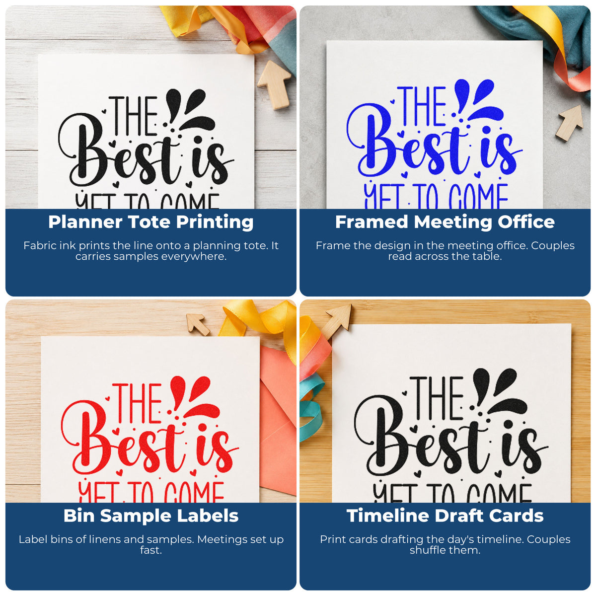 Four ways to use the Best Is Yet To Come Self-Inking Craft Stamp: planner tote printing, framed meeting office, bin sample labels and timeline draft cards.