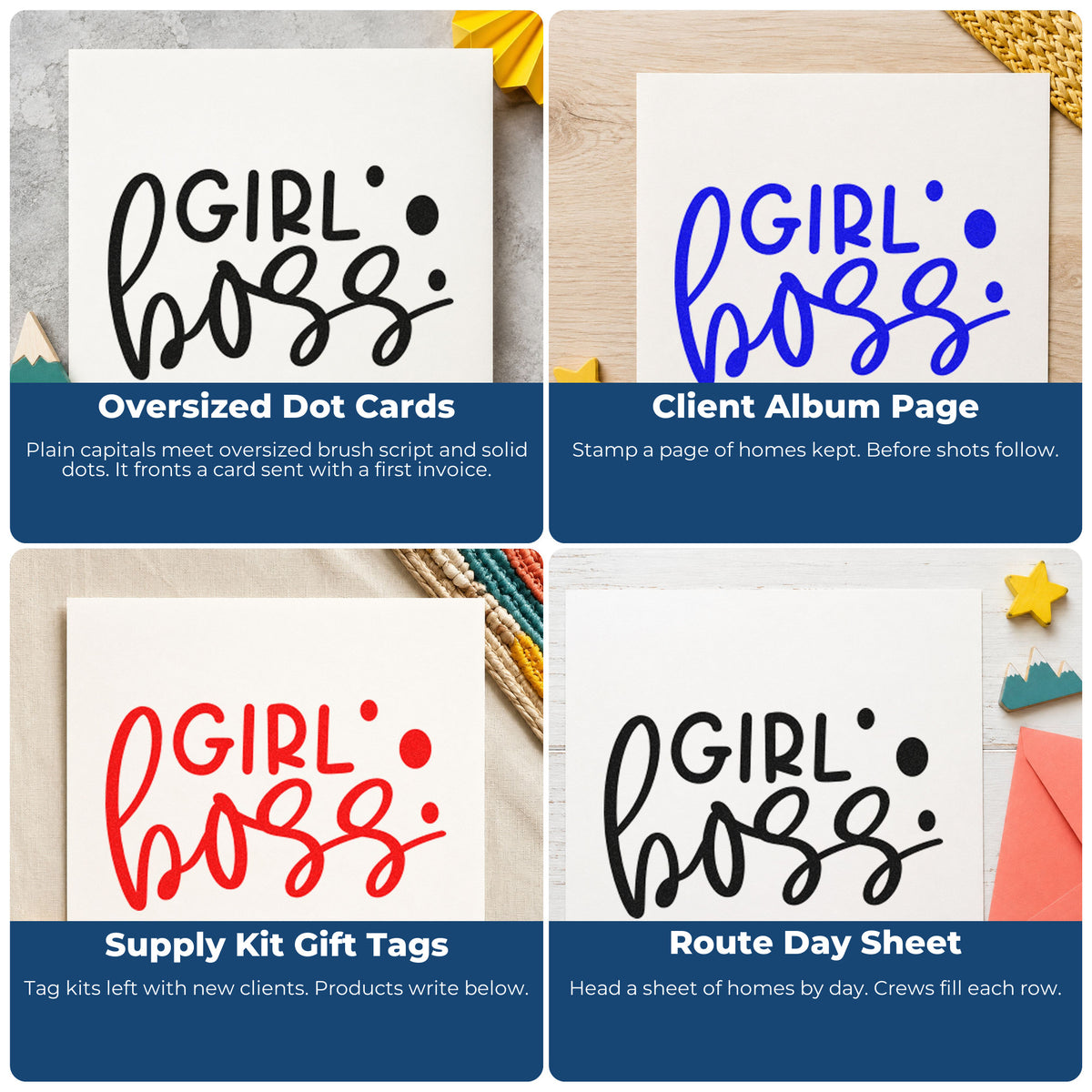 Four ways to use the Girl Boss Bold Script Wood-Mounted Rubber Stamp: oversized dot cards, client album page, supply kit gift tags and route day sheet.