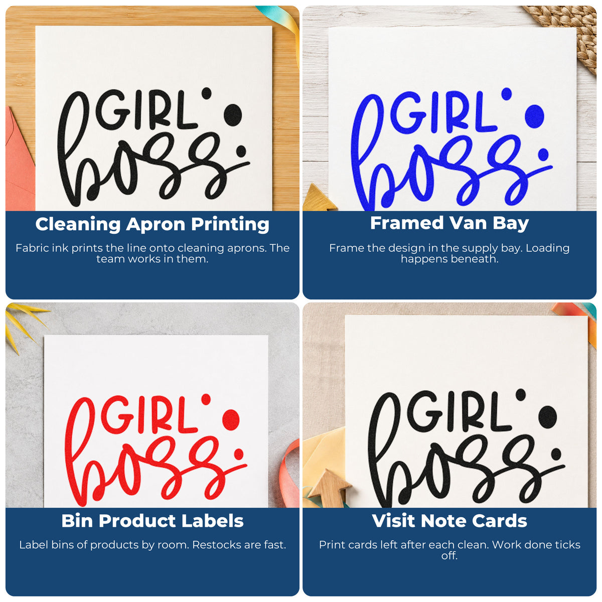 Four ways to use the Girl Boss Bold Script Wood-Mounted Rubber Stamp: cleaning apron printing, framed van bay, bin product labels and visit note cards.