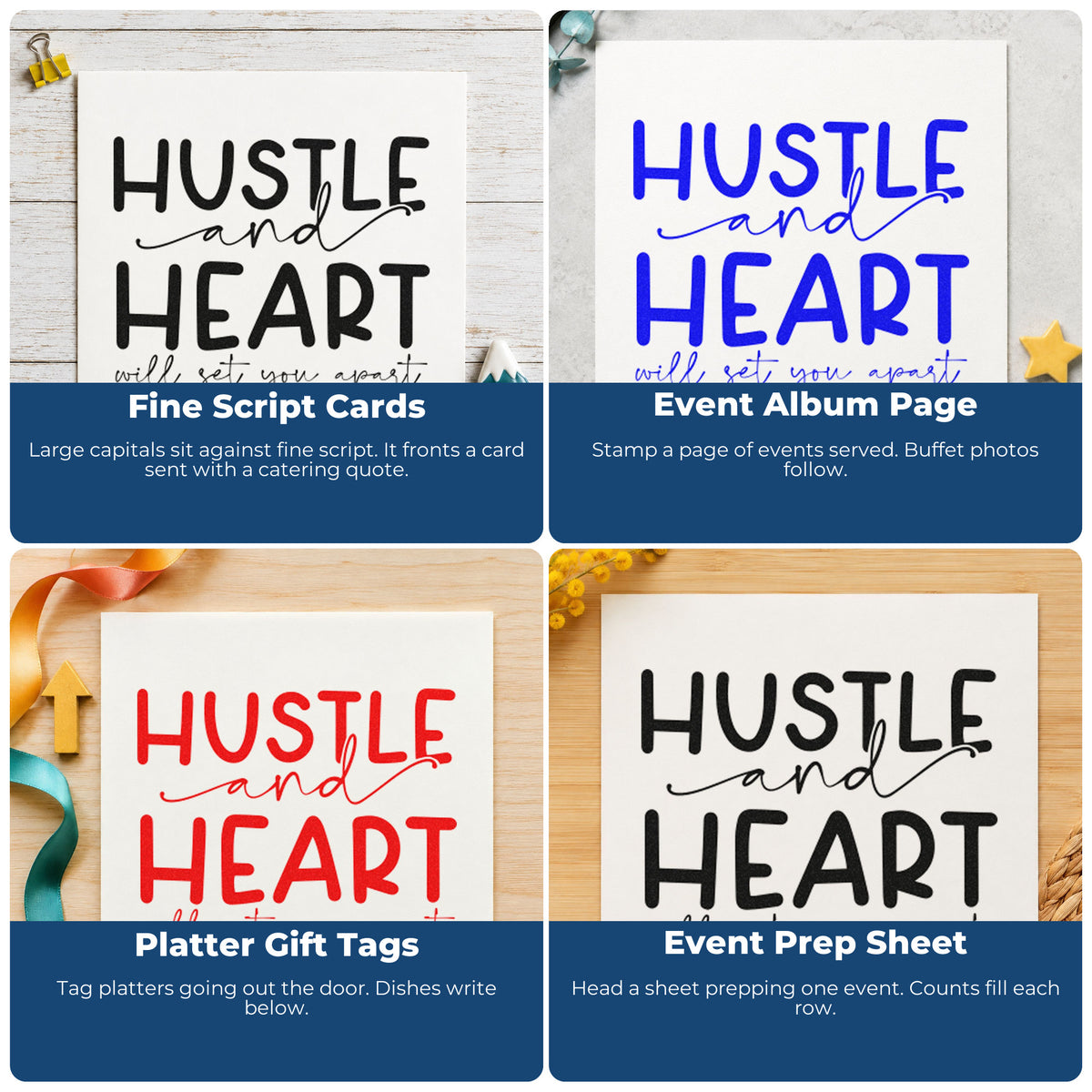 Four ways to use the Hustle Heart Set You Apart Stamp – Duo Hand: fine script cards, event album page, platter gift tags and event prep sheet.