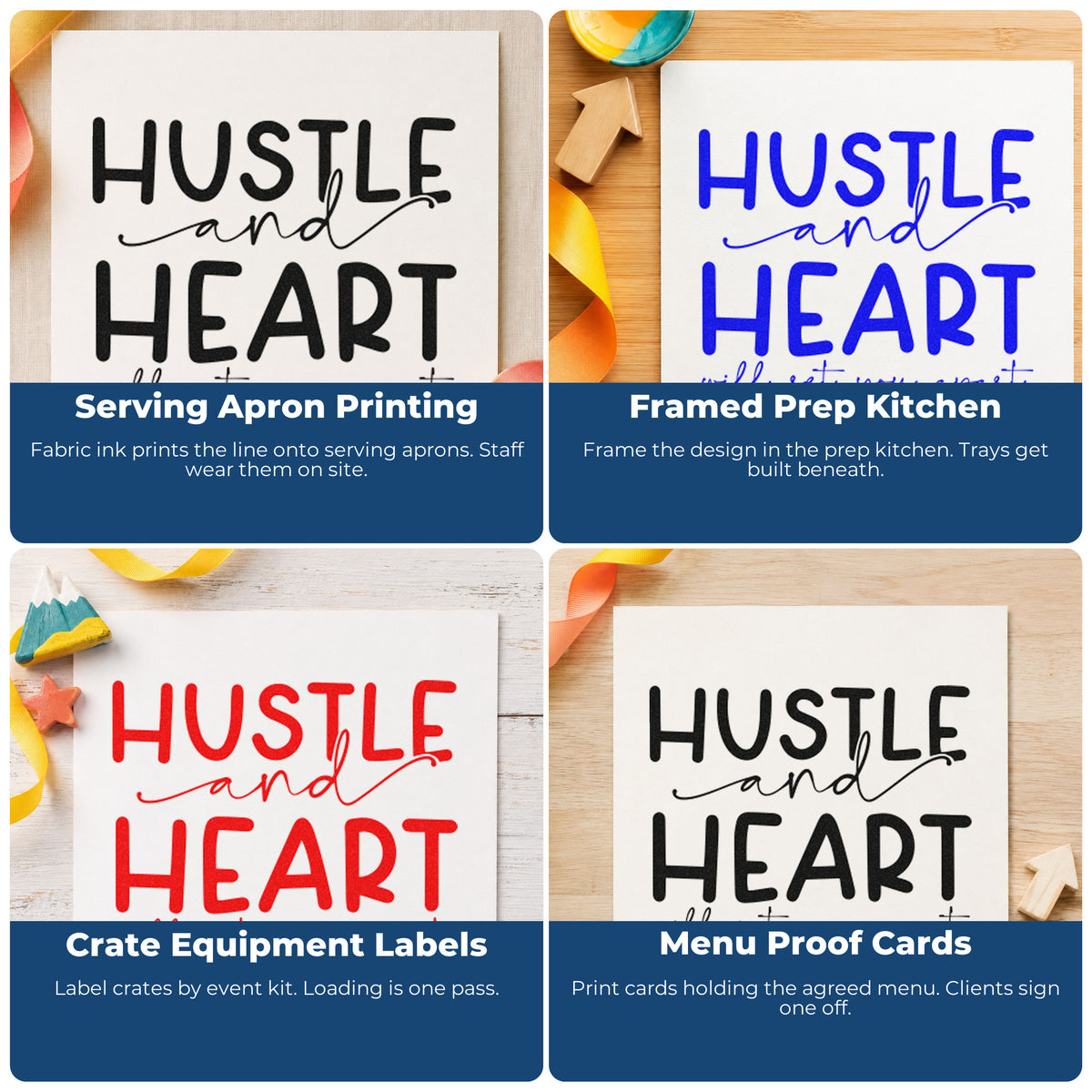 Four ways to use the Hustle Heart Set You Apart Rubber Stamp – Wood Handle: serving apron printing, framed prep kitchen, crate equipment labels and menu proof cards.