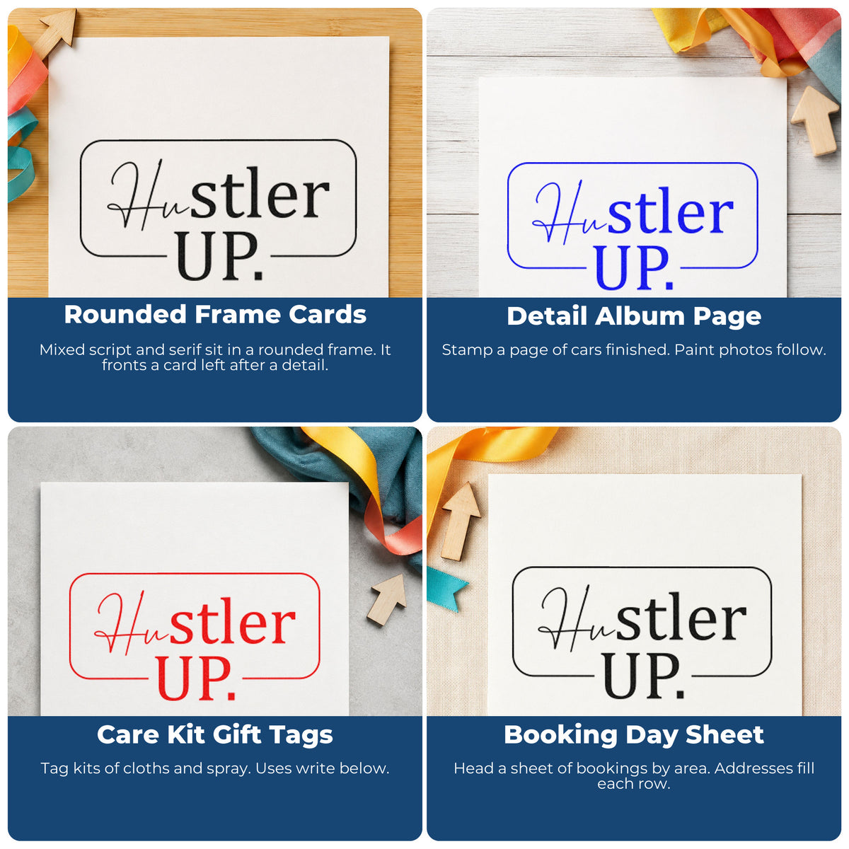 Four ways to use the Wood Handle Hustler Up Rounded Frame Rubber Stamp: rounded frame cards, detail album page, care kit gift tags and booking day sheet.