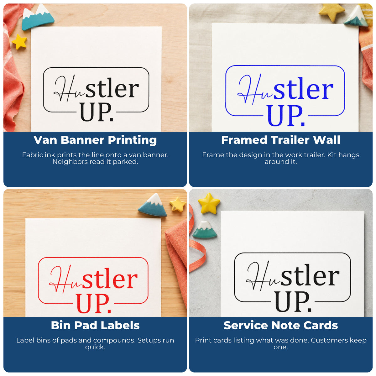 Four ways to use the Vintage Pro Hustler Up Rounded Frame Premium Wooden Stamp: van banner printing, framed trailer wall, bin pad labels and service note cards.