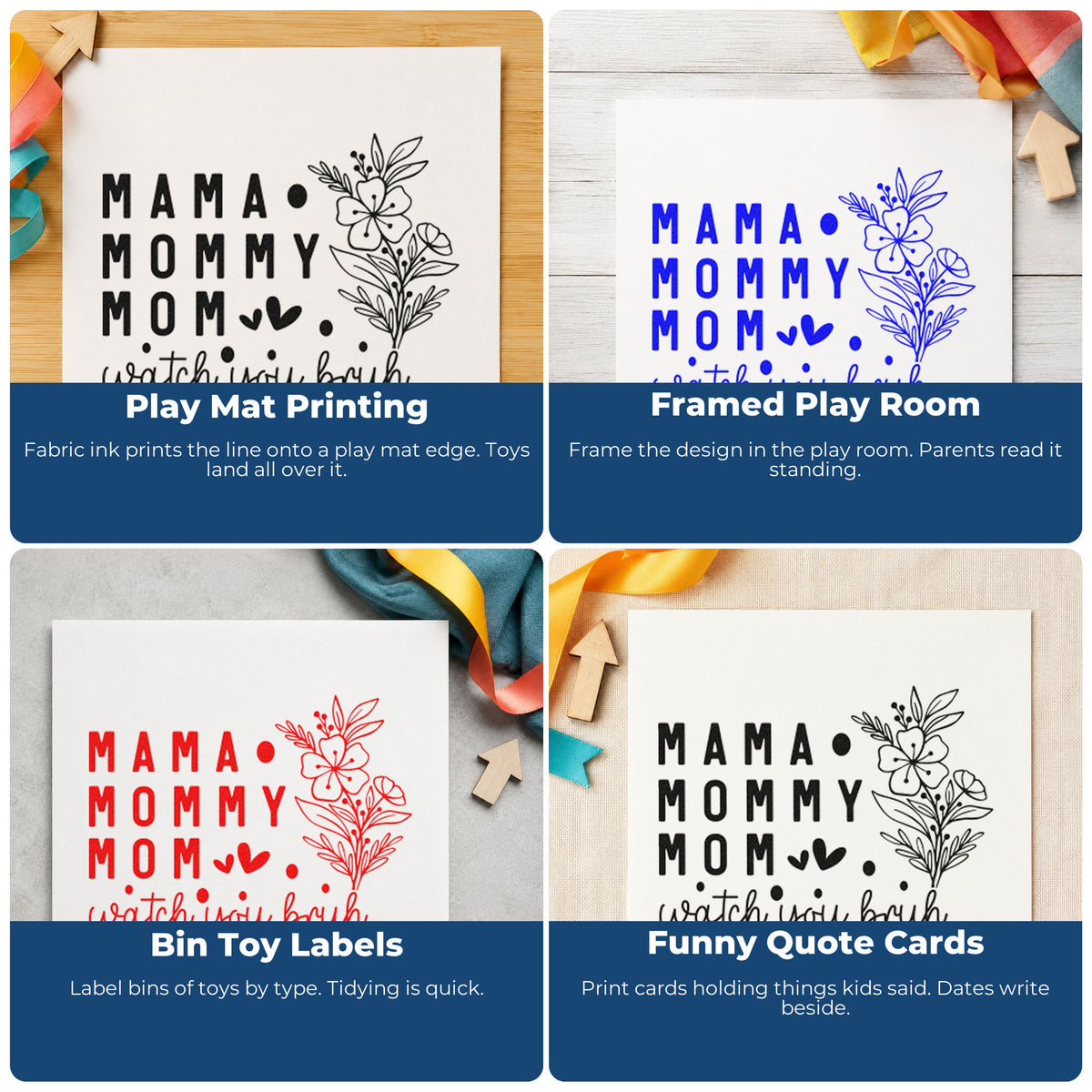 Four ways to use the Mama Mommy Mom Watch You Floral Accents Rubber Stamp – Duo Hand: play mat printing, framed play room, bin toy labels and funny quote cards.