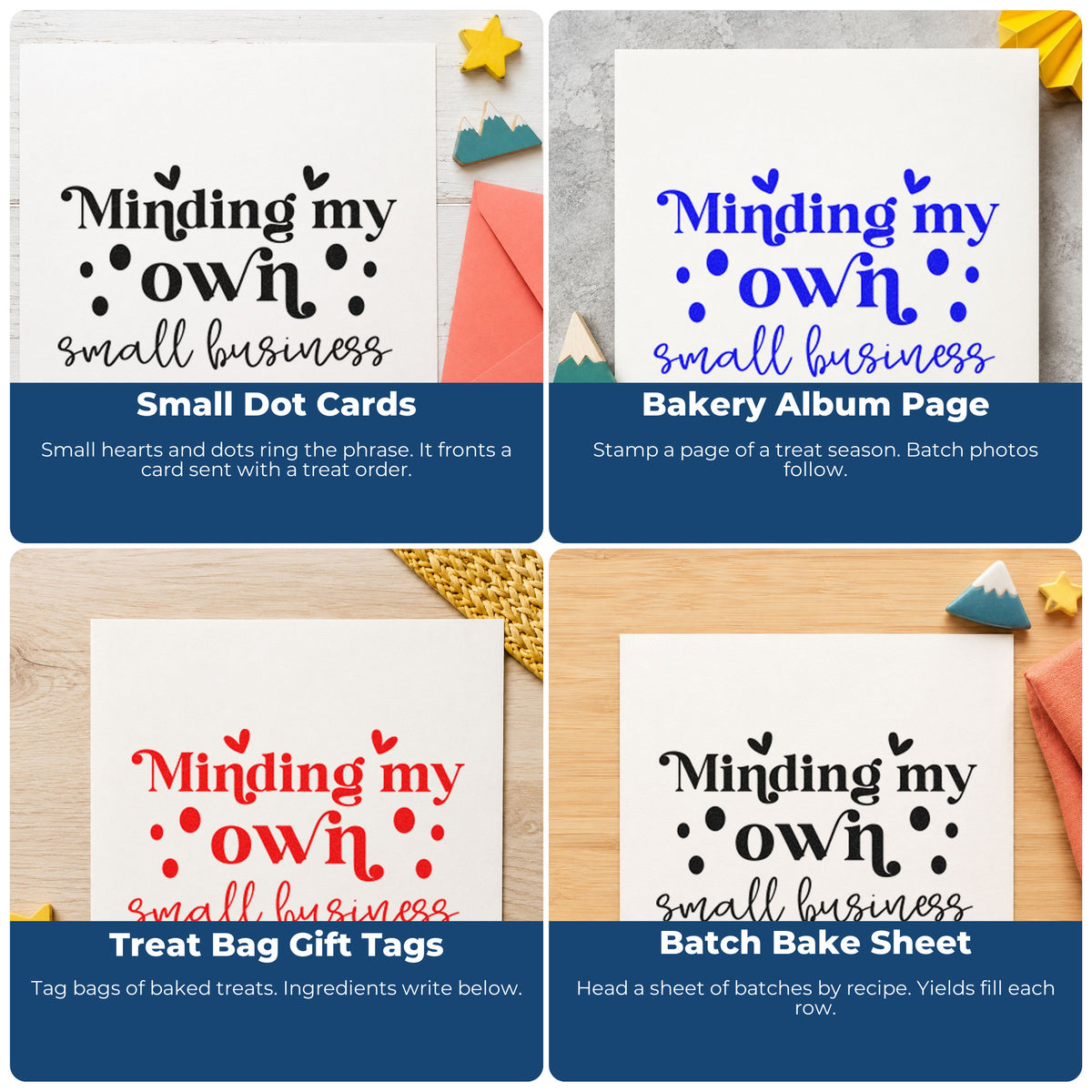 Four ways to use the Minding My Own Small Business Craft Stamp – Self-Inking: small dot cards, bakery album page, treat bag gift tags and batch bake sheet.