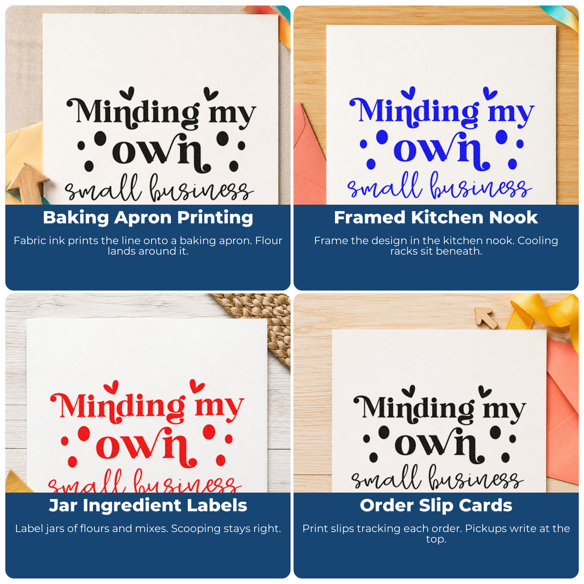 Four ways to use the Minding My Own Small Business Craft Stamp – Self-Inking: baking apron printing, framed kitchen nook, jar ingredient labels and order slip cards.