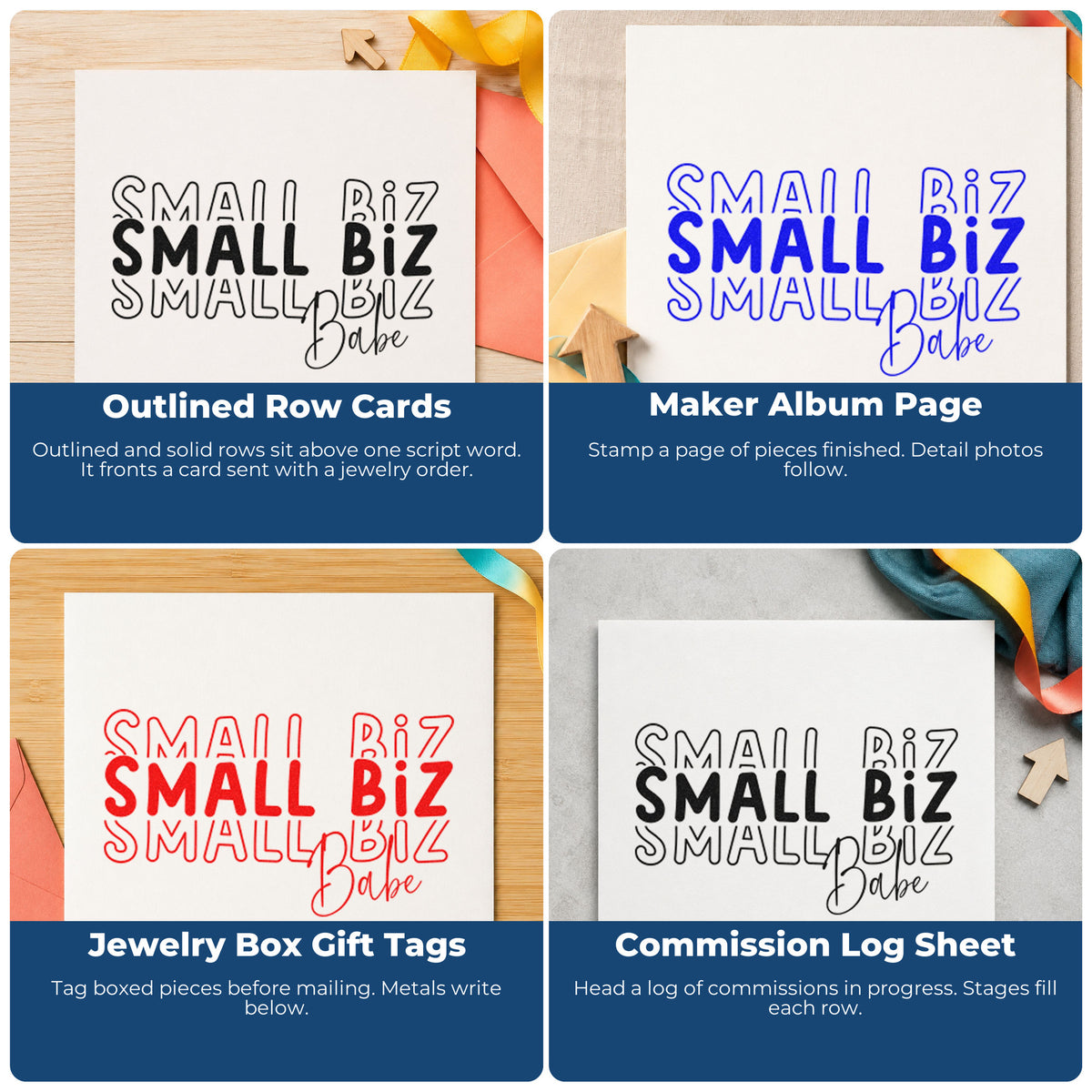 Four ways to use the Small Biz Babe Repeated Script Lettering Rubber Stamp – Duo Hand: outlined row cards, maker album page, jewelry box gift tags and commission log sheet.