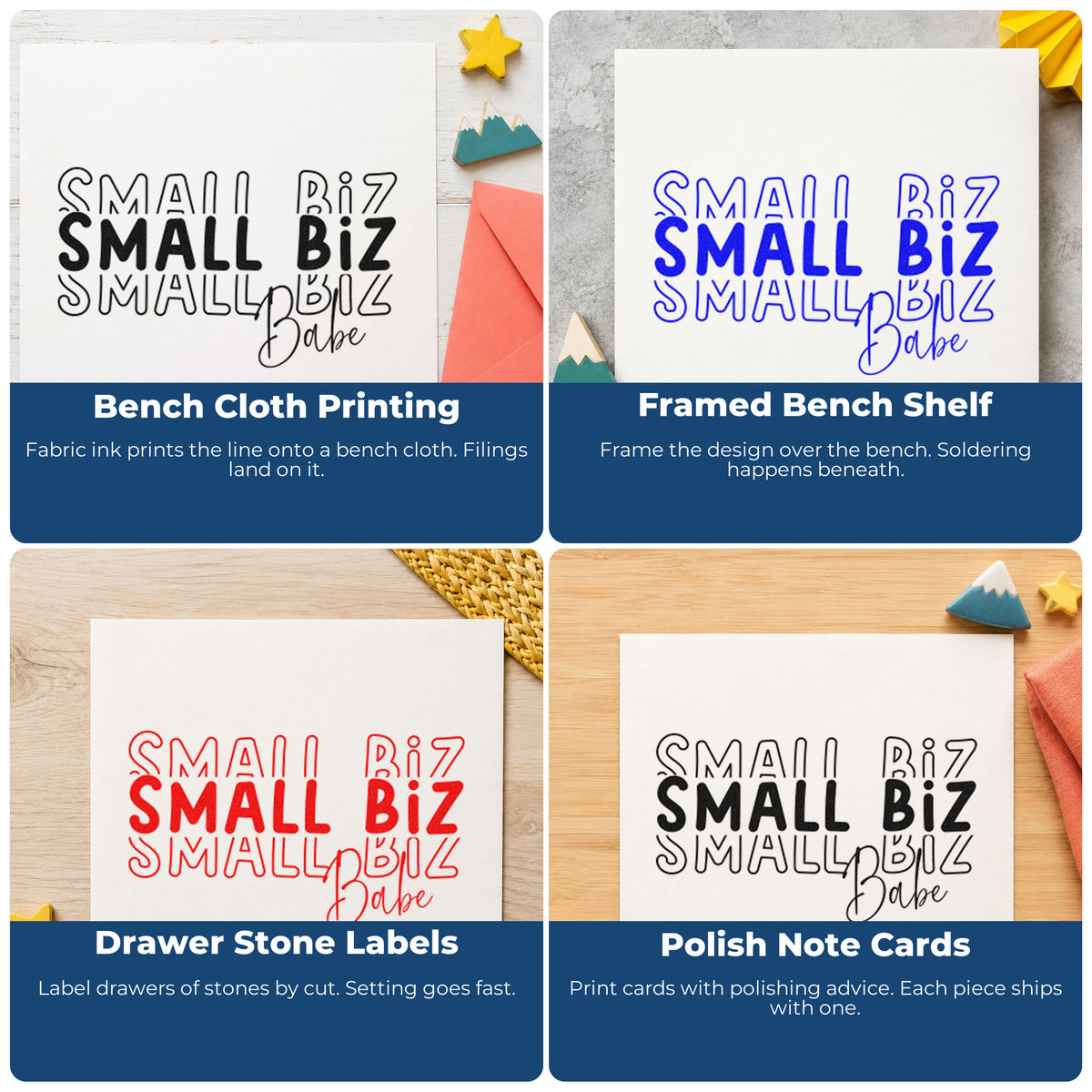 Four ways to use the Small Biz Babe Repeated Script Lettering Rubber Stamp – Duo Hand: bench cloth printing, framed bench shelf, drawer stone labels and polish note cards.