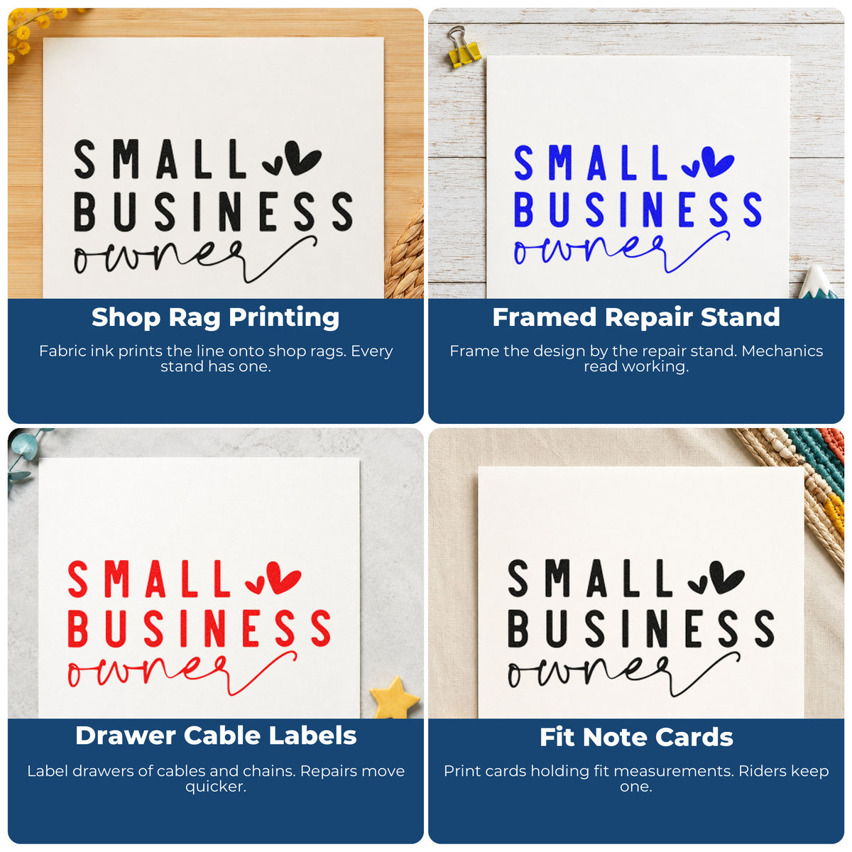 Four ways to use the Small Business Owner Hearts Hand Stamp – Duo: shop rag printing, framed repair stand, drawer cable labels and fit note cards.