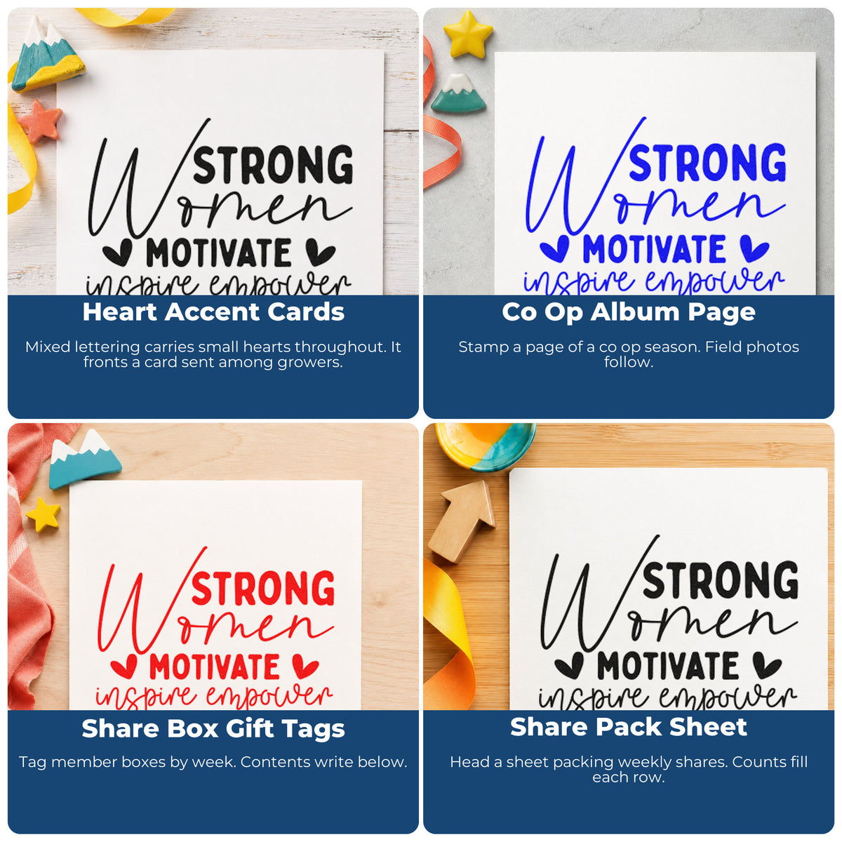 Four ways to use the Self-Inking Strong Women Motivate Inspire Stamp: heart accent cards, co op album page, share box gift tags and share pack sheet.