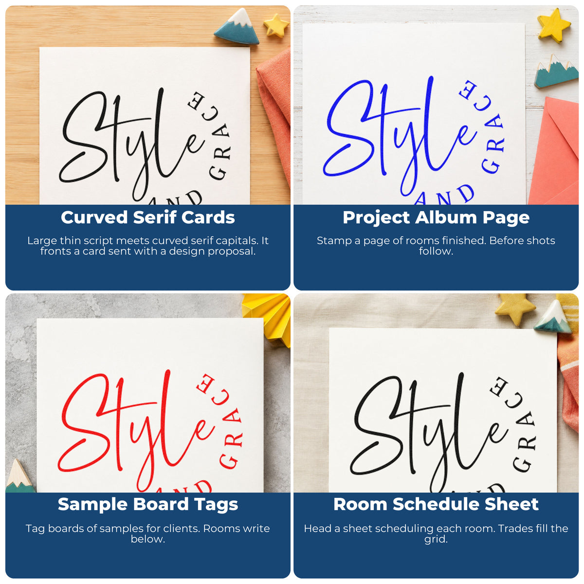 Four ways to use the Style And Grace Lettering Premium Wood-Mounted Stamp - Vintage Pro: curved serif cards, project album page, sample board tags and room schedule sheet.