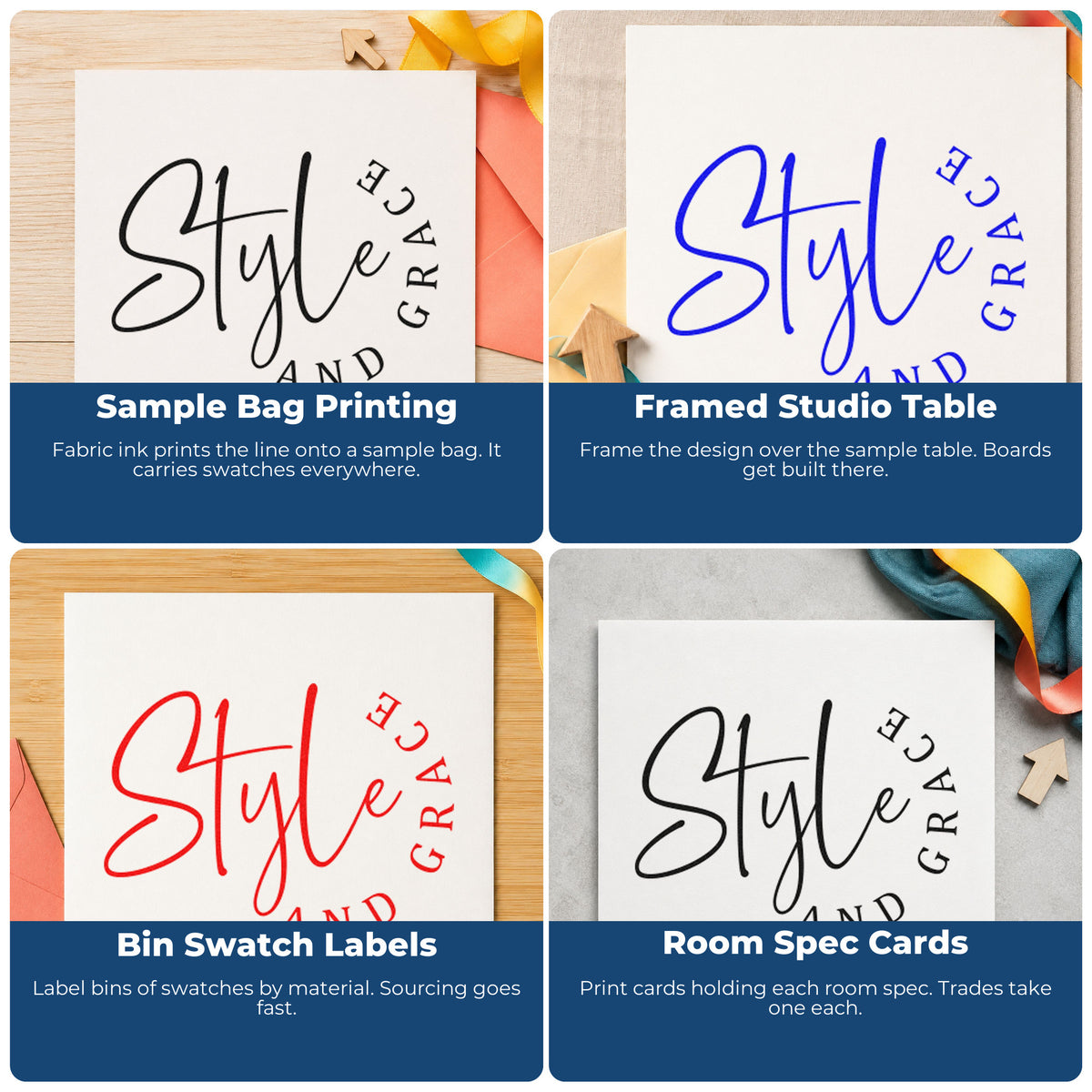 Four ways to use the Style And Grace Lettering Stamp – Self-Inking: sample bag printing, framed studio table, bin swatch labels and room spec cards.
