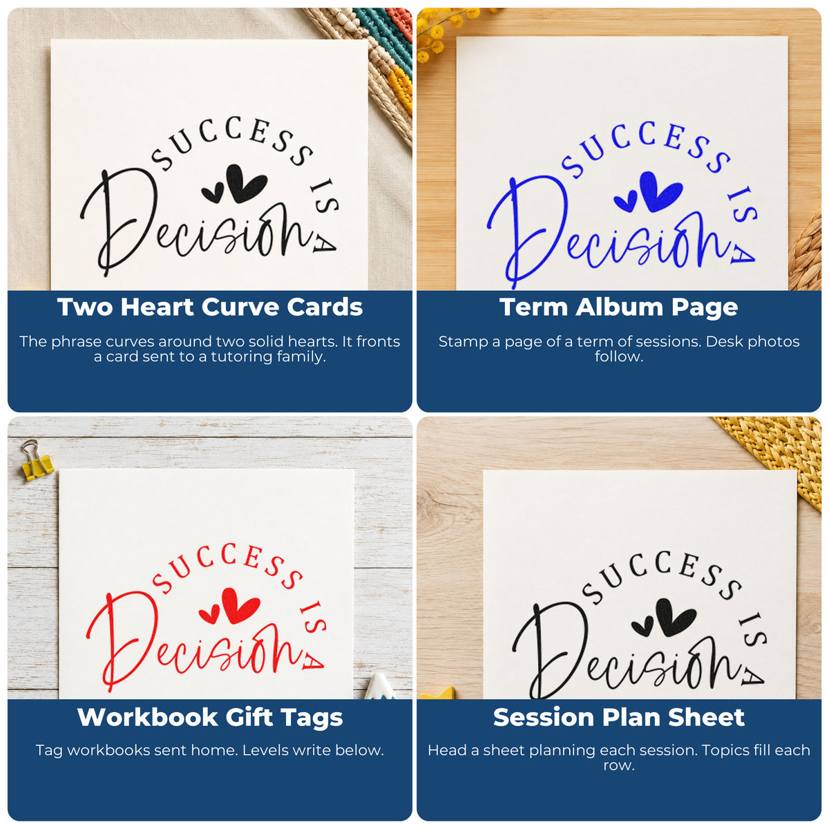 Four ways to use the Two Hearts Success Is A Decision Self-Inking Stamp: two heart curve cards, term album page, workbook gift tags and session plan sheet.