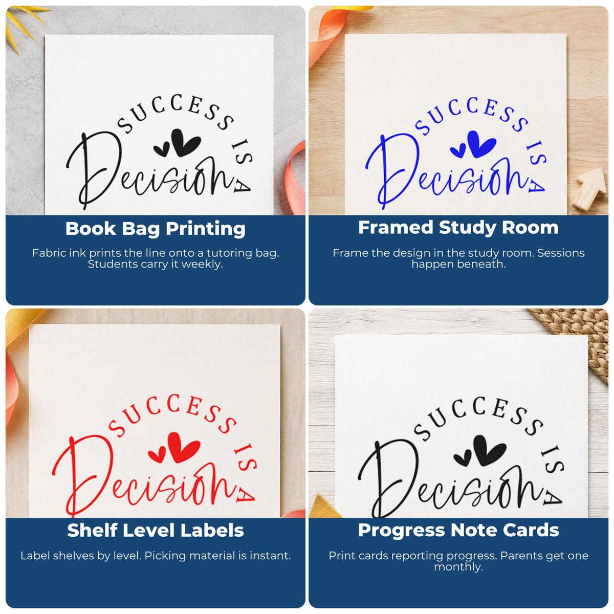 Four ways to use the Two Hearts Success Is A Decision Stamp – PSI Pre-Inked: book bag printing, framed study room, shelf level labels and progress note cards.