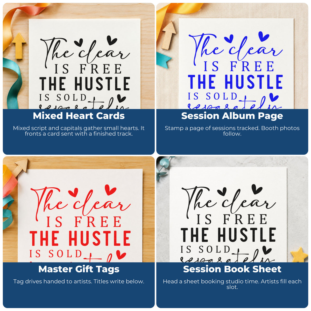 Four ways to use the Hustle Sold Separately Heart Quote Rubber Stamp – Wood Handle: mixed heart cards, session album page, master gift tags and session book sheet.