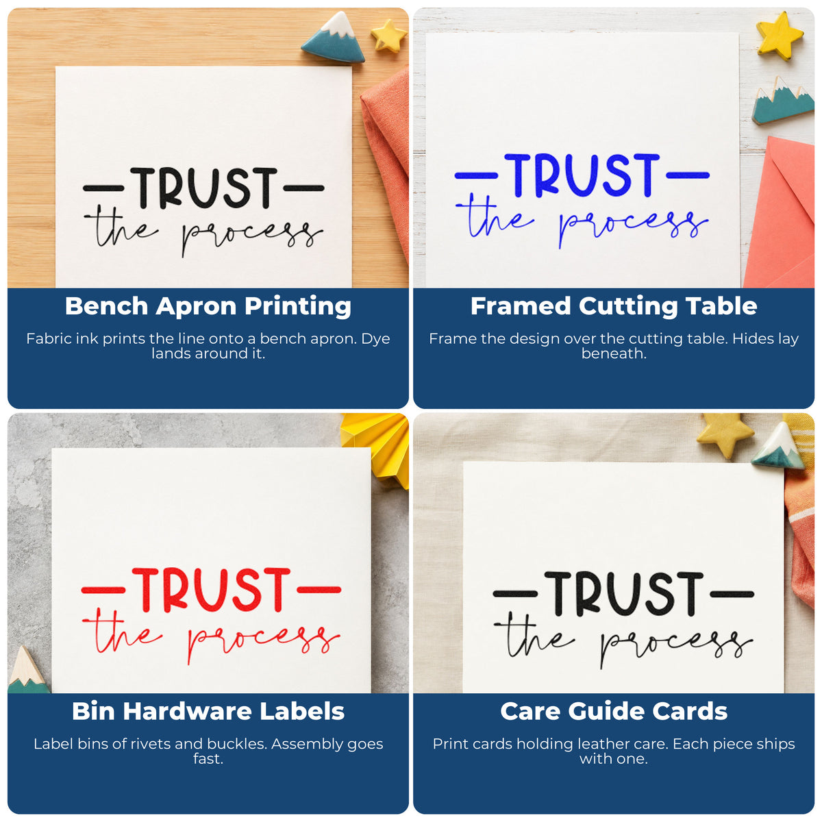 Four ways to use the Trust The Process Rubber Stamp – Duo Hand: bench apron printing, framed cutting table, bin hardware labels and care guide cards.