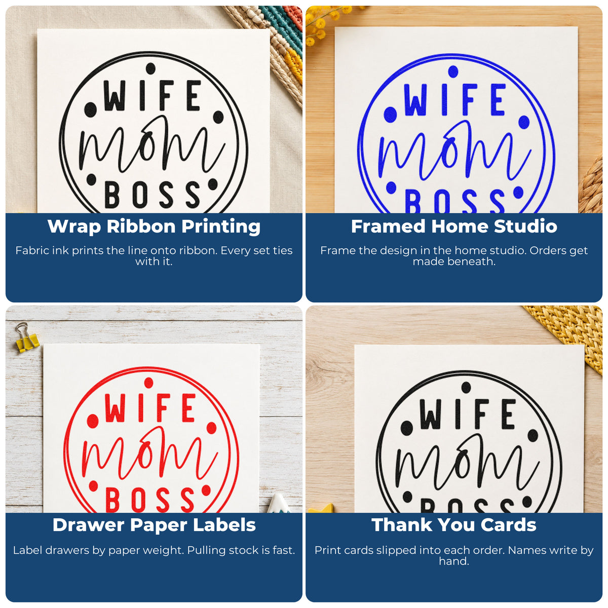 Four ways to use the Wife Mom Boss Circle Pre-Inked Stamp – Slim: wrap ribbon printing, framed home studio, drawer paper labels and thank you cards.