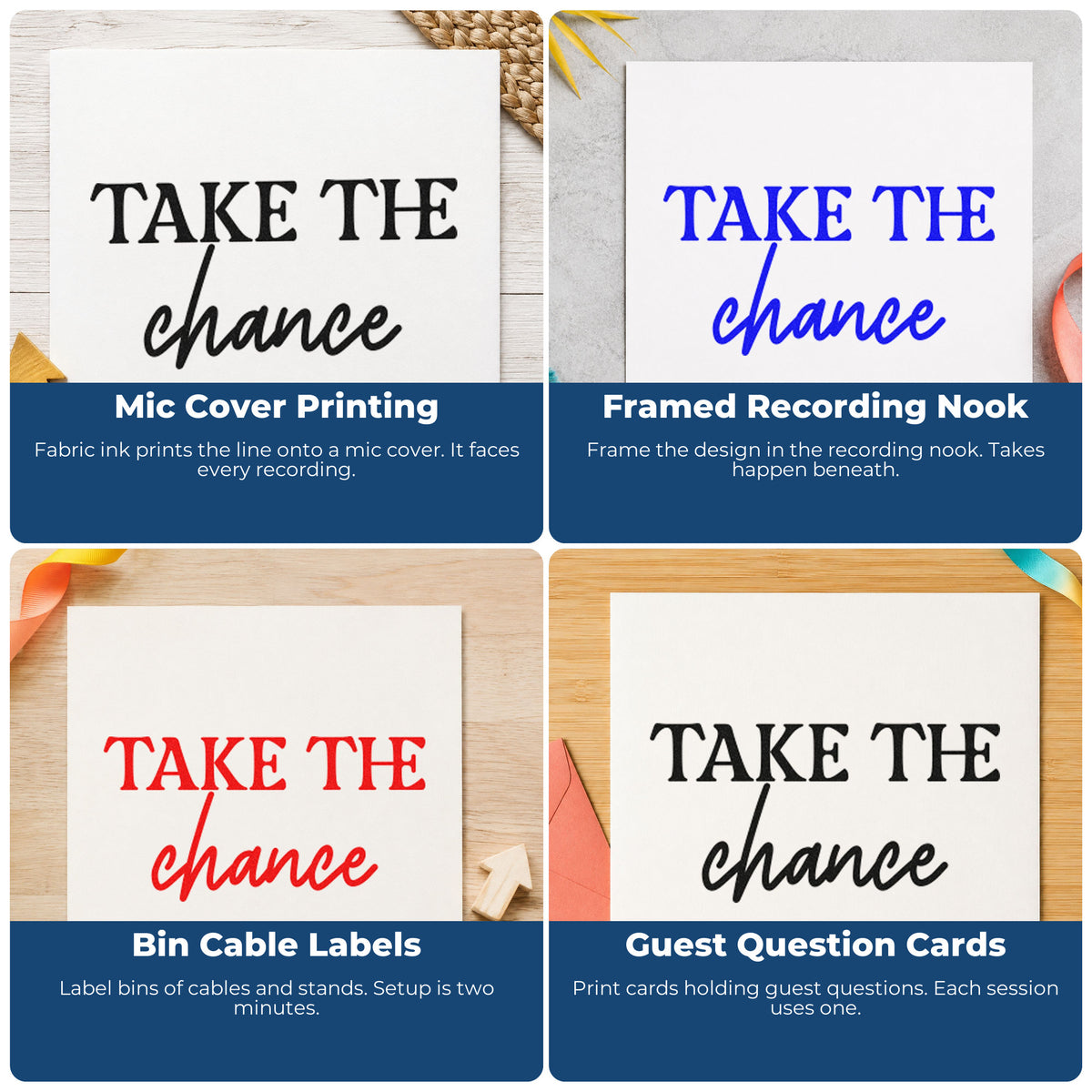 Four ways to use the Take The Chance Self-Inking Craft Stamp: mic cover printing, framed recording nook, bin cable labels and guest question cards.