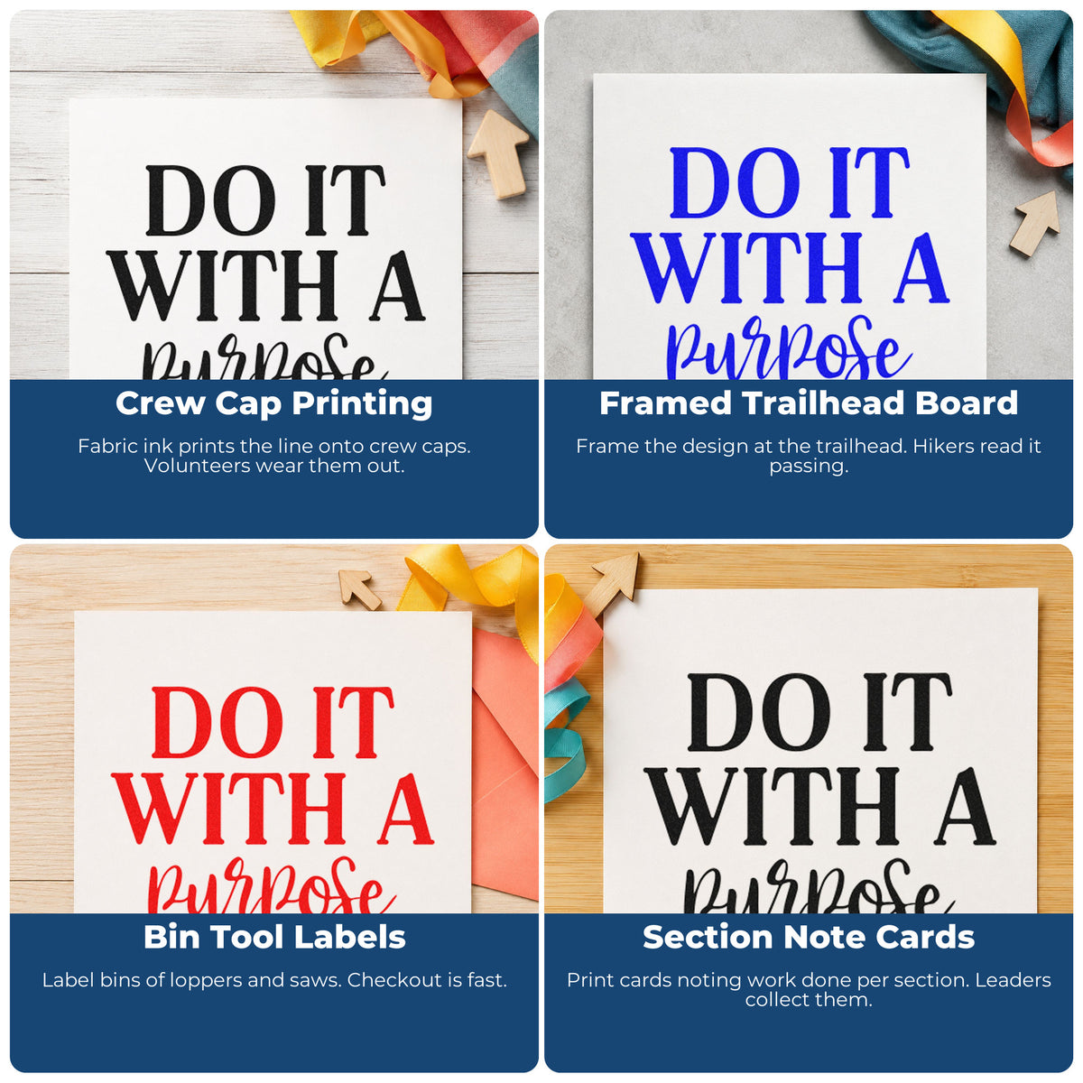 Four ways to use the Do It With A Purpose Stamp – Slim Pre-Inked: crew cap printing, framed trailhead board, bin tool labels and section note cards.