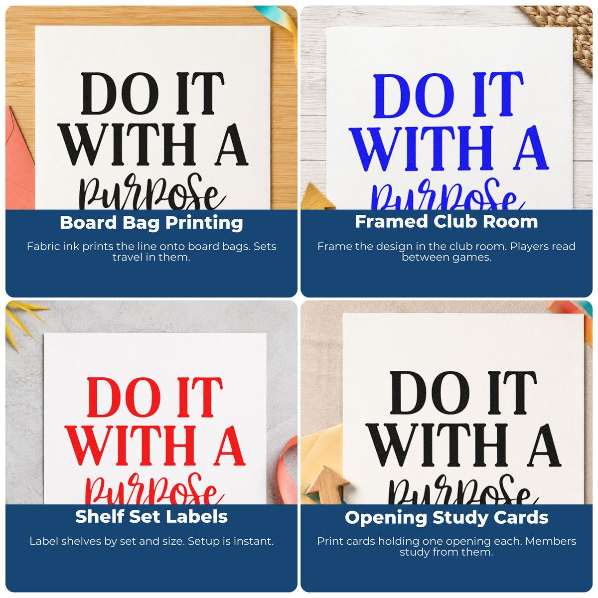 Four ways to use the Do It With Purpose Script Wood Handle Stamp: board bag printing, framed club room, shelf set labels and opening study cards.