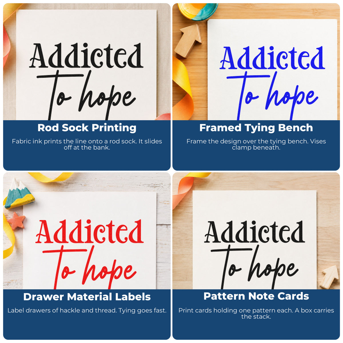 Four ways to use the Addicted To Hope Lettering Hand Stamp – Duo: rod sock printing, framed tying bench, drawer material labels and pattern note cards.