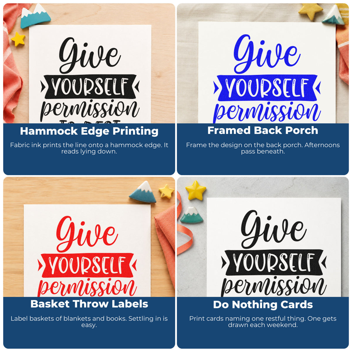 Four ways to use the Give Yourself Permission To Rest Ribbon Lettering PSI Pre-Inked Stamp: hammock edge printing, framed back porch, basket throw labels and do nothing cards.