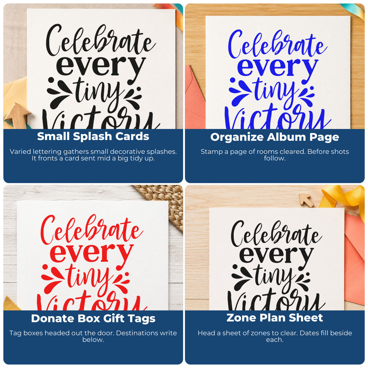 Four ways to use the Celebrate Every Tiny Victory Duo Hand Stamp: small splash cards, organize album page, donate box gift tags and zone plan sheet.