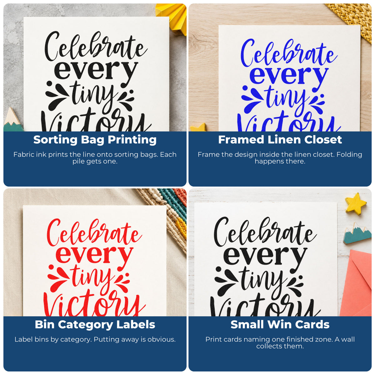 Four ways to use the Celebrate Every Tiny Victory Duo Hand Stamp: sorting bag printing, framed linen closet, bin category labels and small win cards.