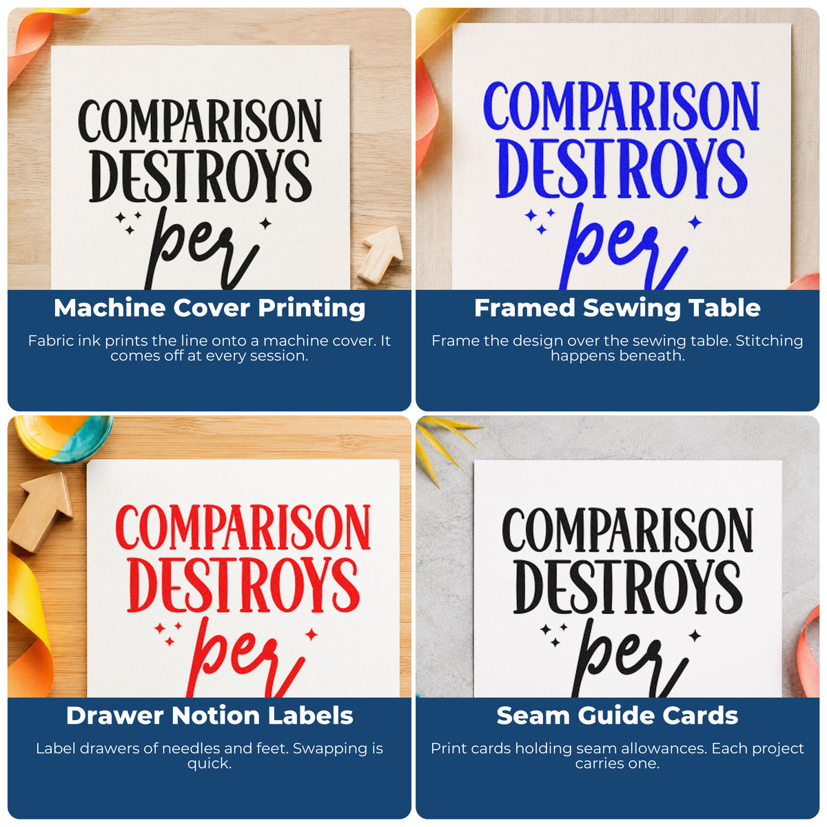 Four ways to use the Comparison Quote With Sparkles Rubber Stamp – Duo Hand: machine cover printing, framed sewing table, drawer notion labels and seam guide cards.