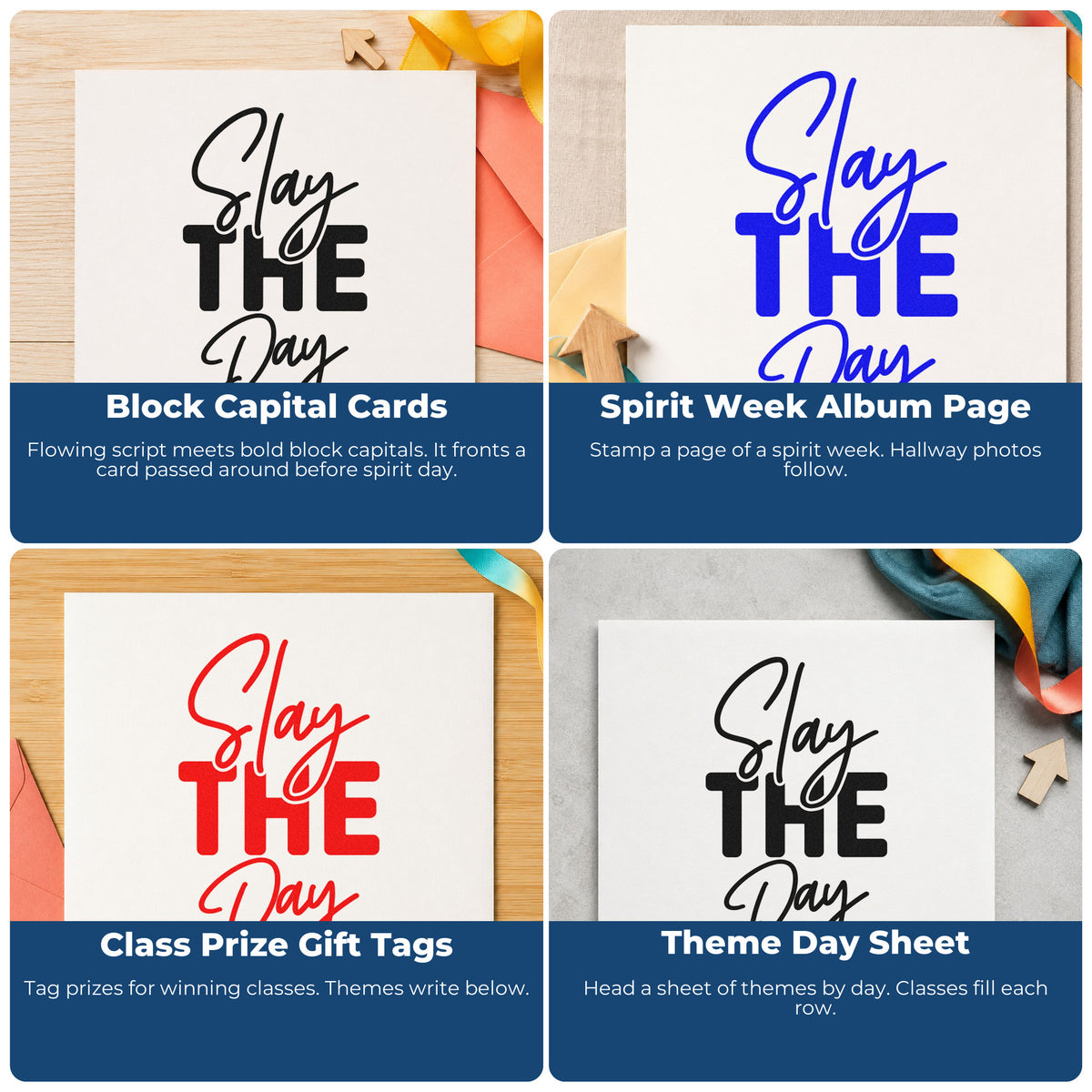 Four ways to use the Slay The Day Hand Stamp – Duo: block capital cards, spirit week album page, class prize gift tags and theme day sheet.