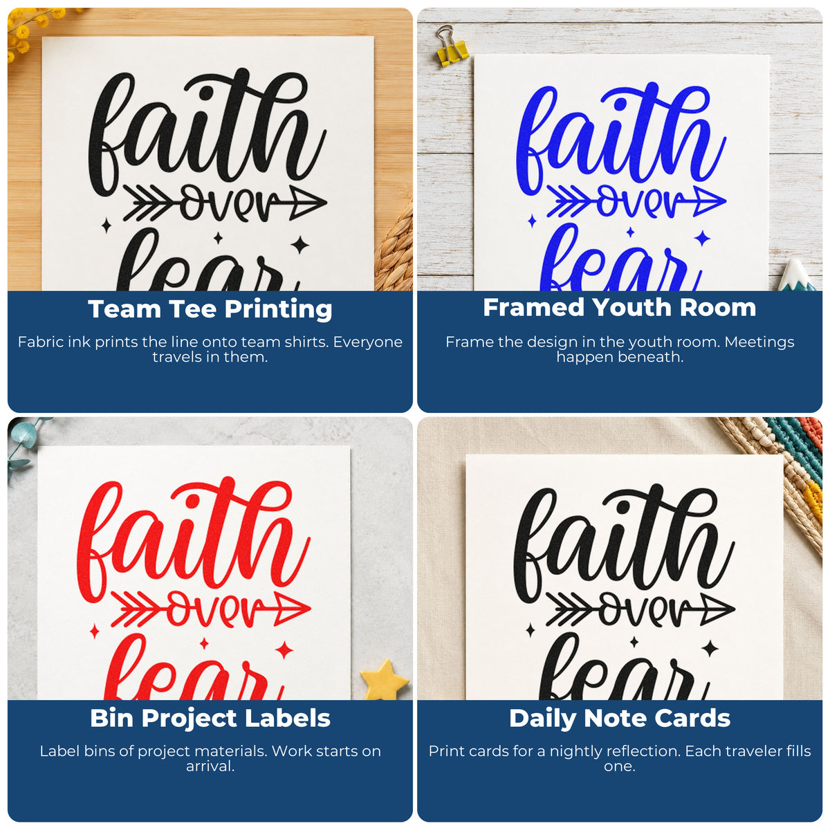 Four ways to use the Faith Over Fear Arrow With Sparkles Pre-Inked Stamp – PSI: team tee printing, framed youth room, bin project labels and daily note cards.