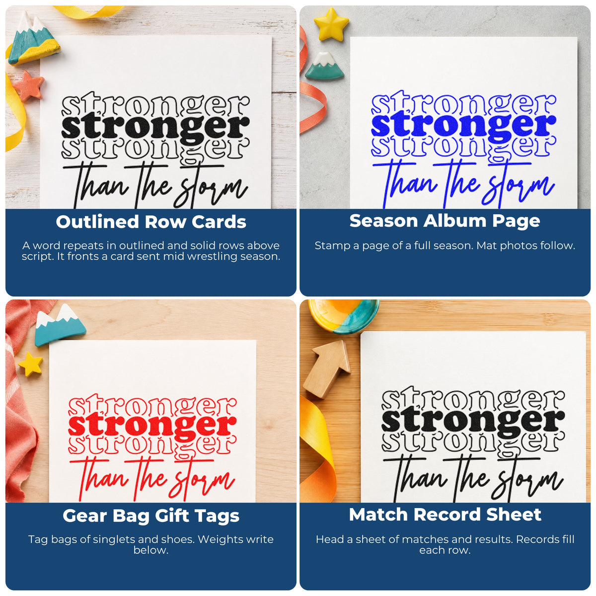 Four ways to use the Stronger Than The Storm Repeated Hand Stamp – Duo: outlined row cards, season album page, gear bag gift tags and match record sheet.