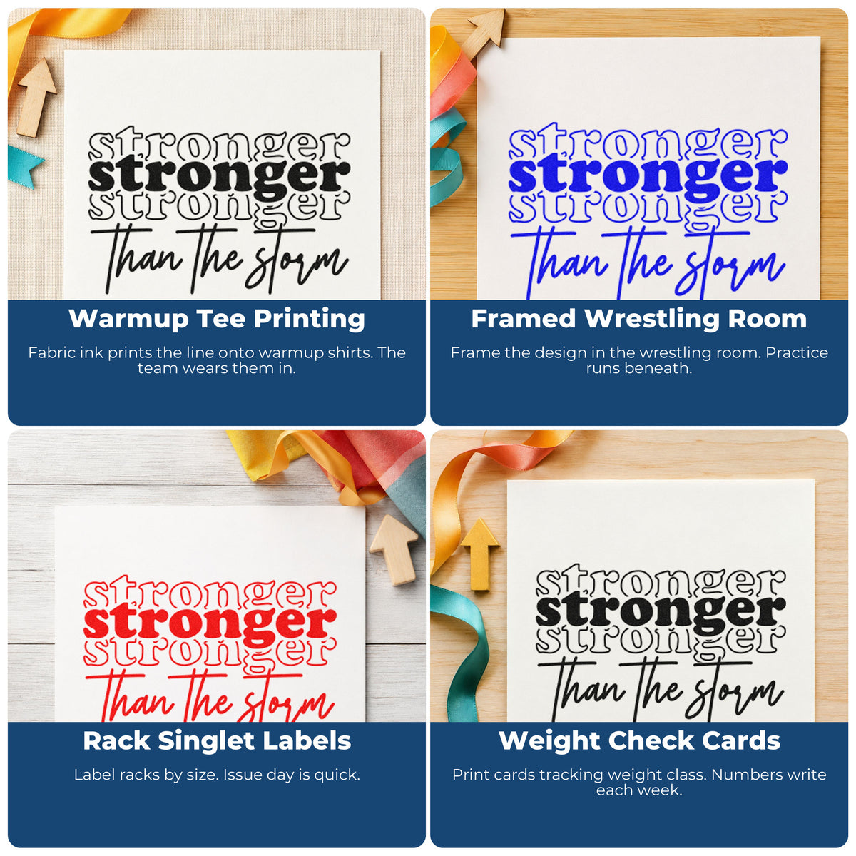Four ways to use the Stronger Than The Storm Repeated Pre-Inked Stamp – Slim: warmup tee printing, framed wrestling room, rack singlet labels and weight check cards.