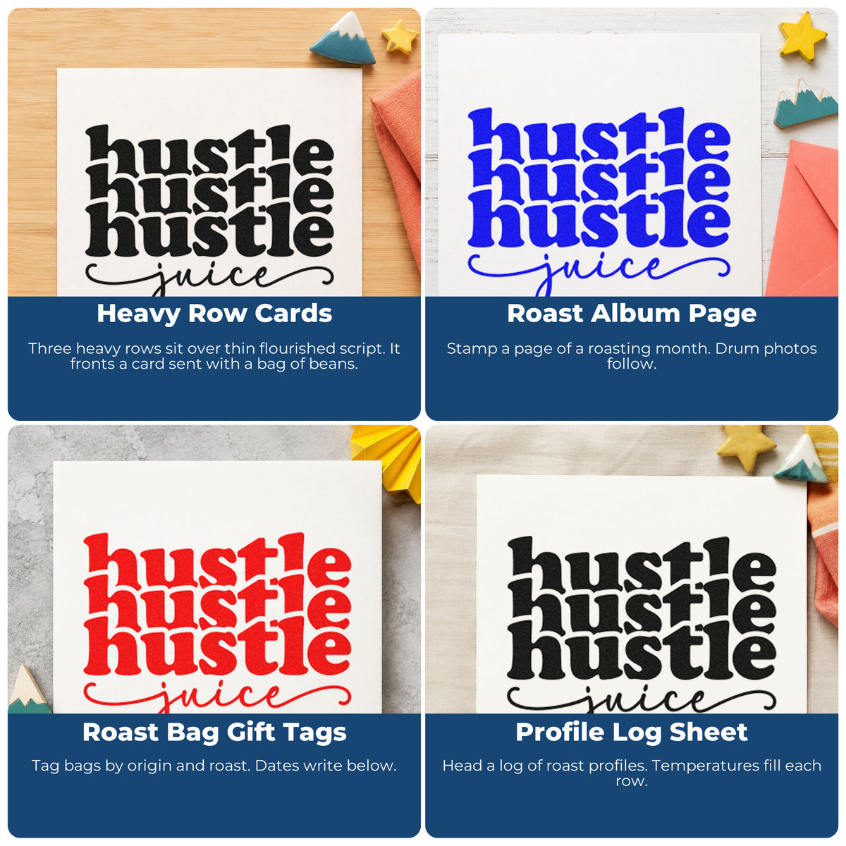 Four ways to use the Hustle Juice Repeated Word Art Rubber Stamp – Duo Hand: heavy row cards, roast album page, roast bag gift tags and profile log sheet.