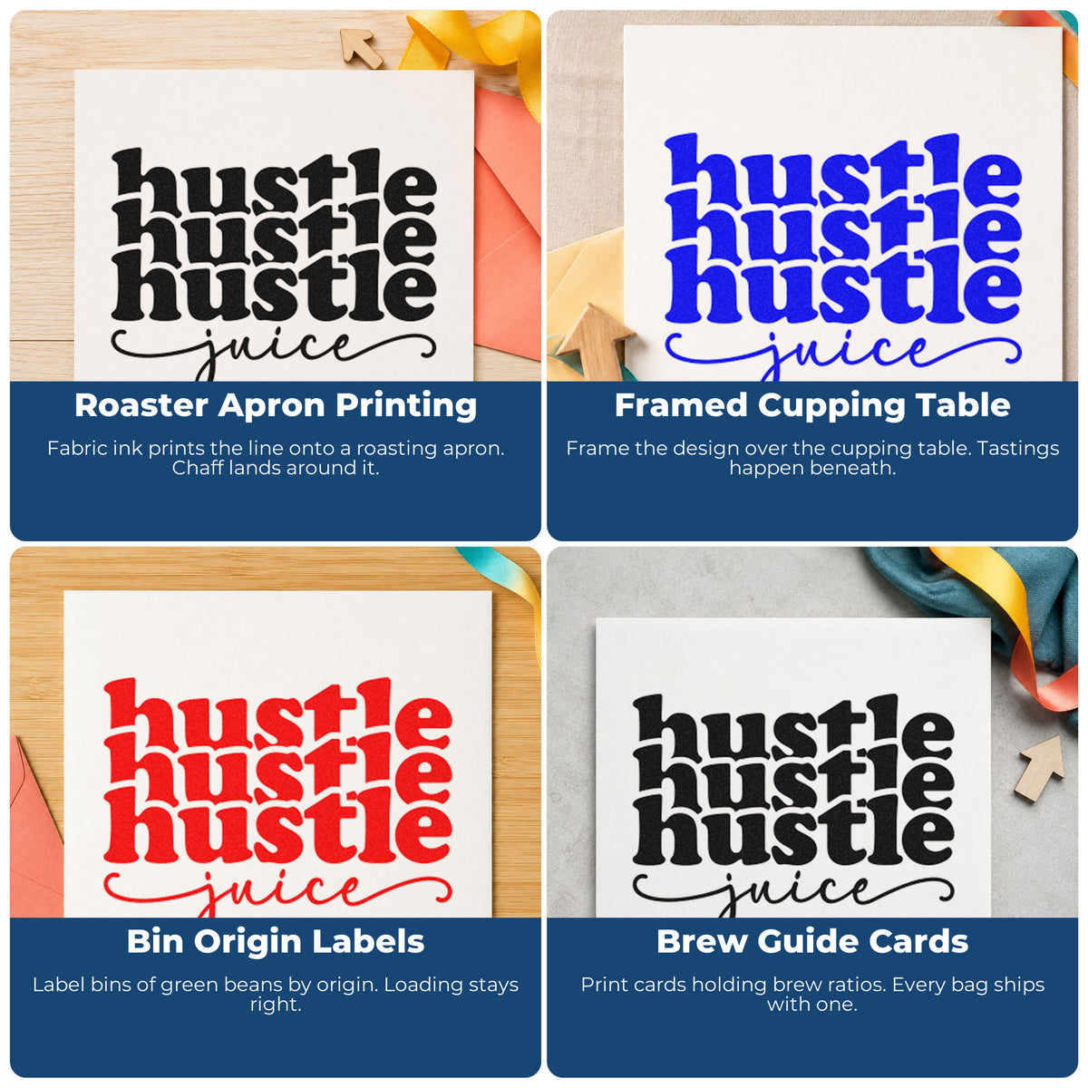 Four ways to use the Hustle Juice Repeated Word Art Compact Pre-Inked Stamp – Slim: roaster apron printing, framed cupping table, bin origin labels and brew guide cards.