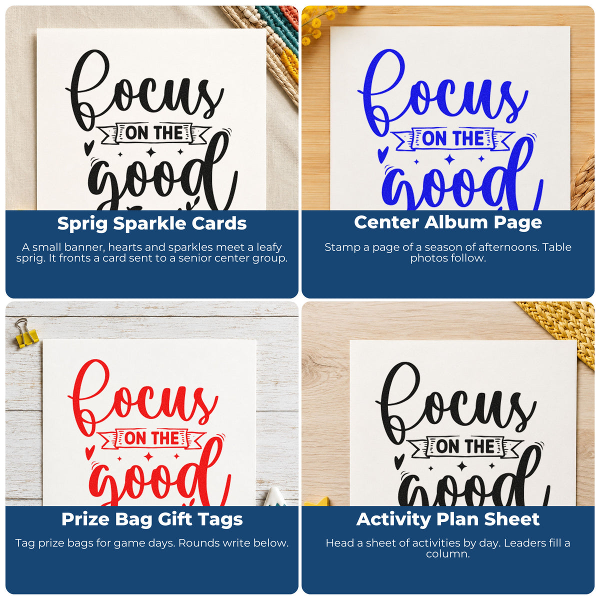 Four ways to use the Focus On The Good Leaves Rubber Stamp – Wood Handle: sprig sparkle cards, center album page, prize bag gift tags and activity plan sheet.