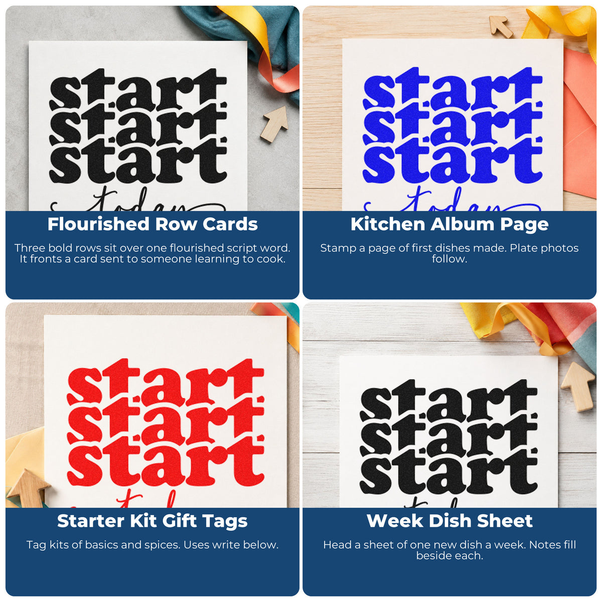 Four ways to use the Start Today Repeated Lettering Premium Wood-Mounted Stamp - Vintage Pro: flourished row cards, kitchen album page, starter kit gift tags and week dish sheet.