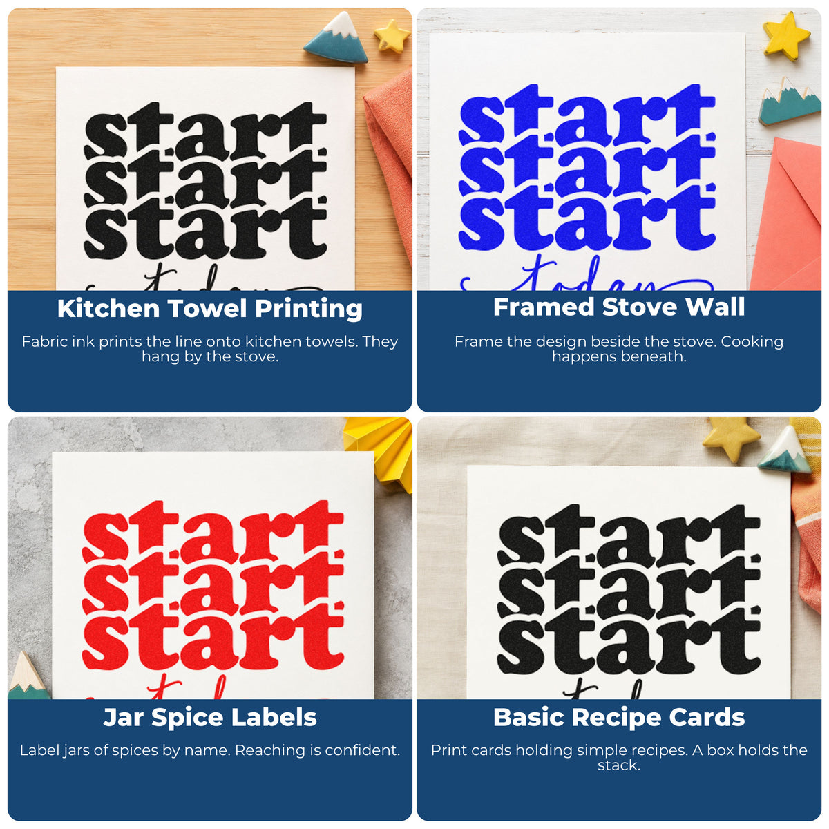Four ways to use the Start Today Repeated Lettering Hand Stamp – Duo: kitchen towel printing, framed stove wall, jar spice labels and basic recipe cards.