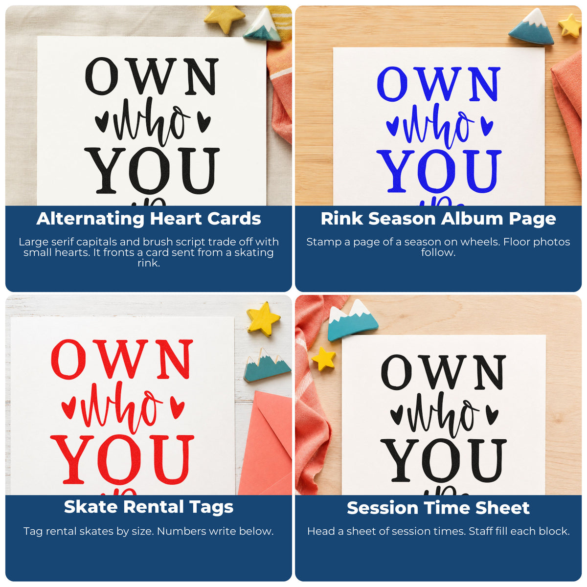 Four ways to use the Own Who You Are With Hearts Self-Inking Stamp: alternating heart cards, rink season album page, skate rental tags and session time sheet.