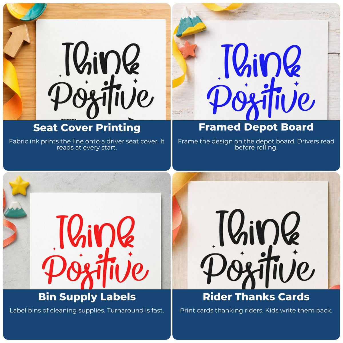 Four ways to use the Right Arrow With Think Positive Wood Handle Stamp: seat cover printing, framed depot board, bin supply labels and rider thanks cards.