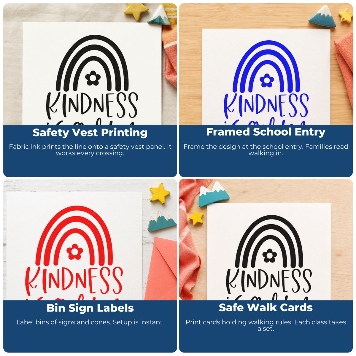 Four ways to use the Kindness Is Golden Rainbow Pre-Inked Stamp – Slim: safety vest printing, framed school entry, bin sign labels and safe walk cards.