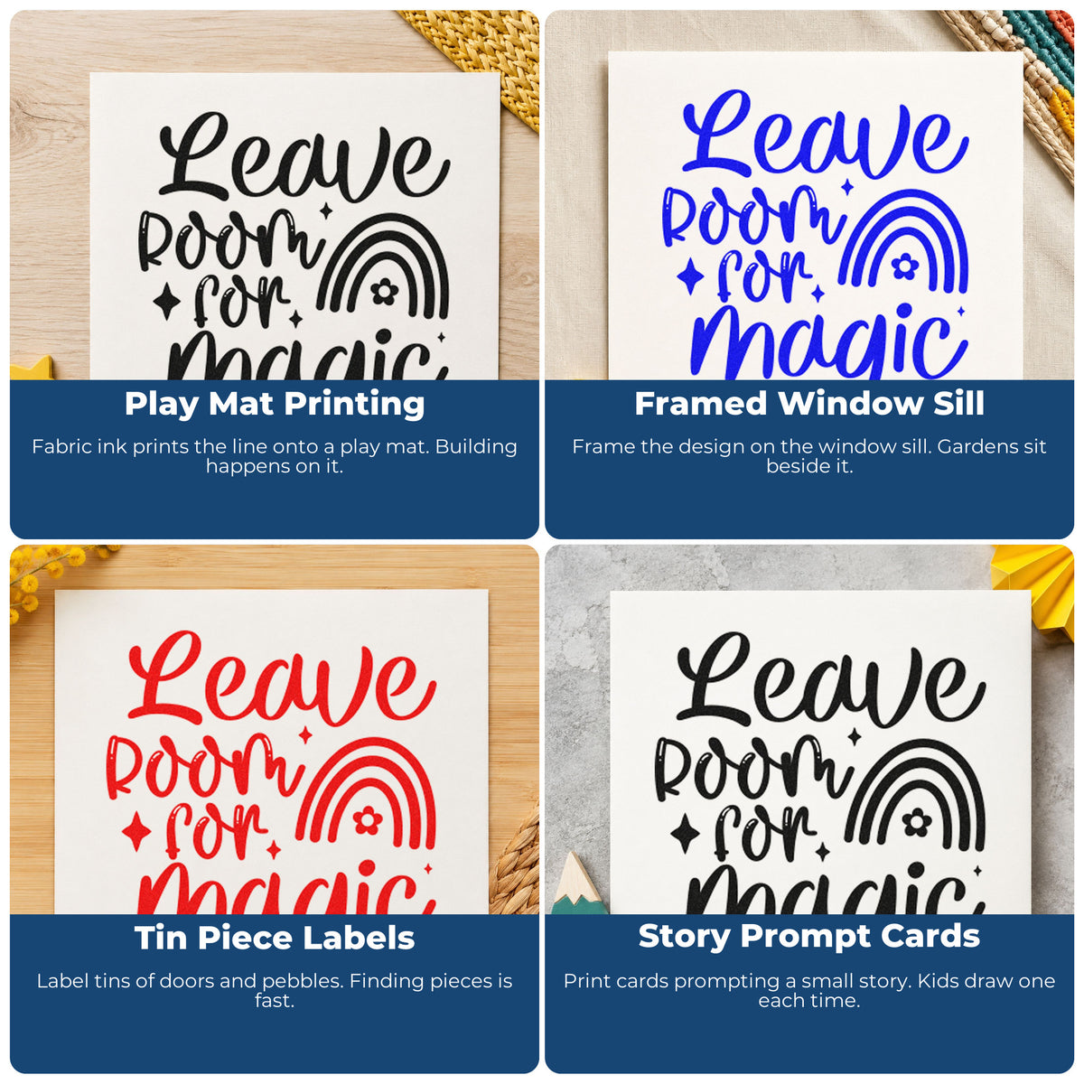 Four ways to use the Leave Room For Magic Rainbow Floral Accents Stamp – Wood Handle: play mat printing, framed window sill, tin piece labels and story prompt cards.