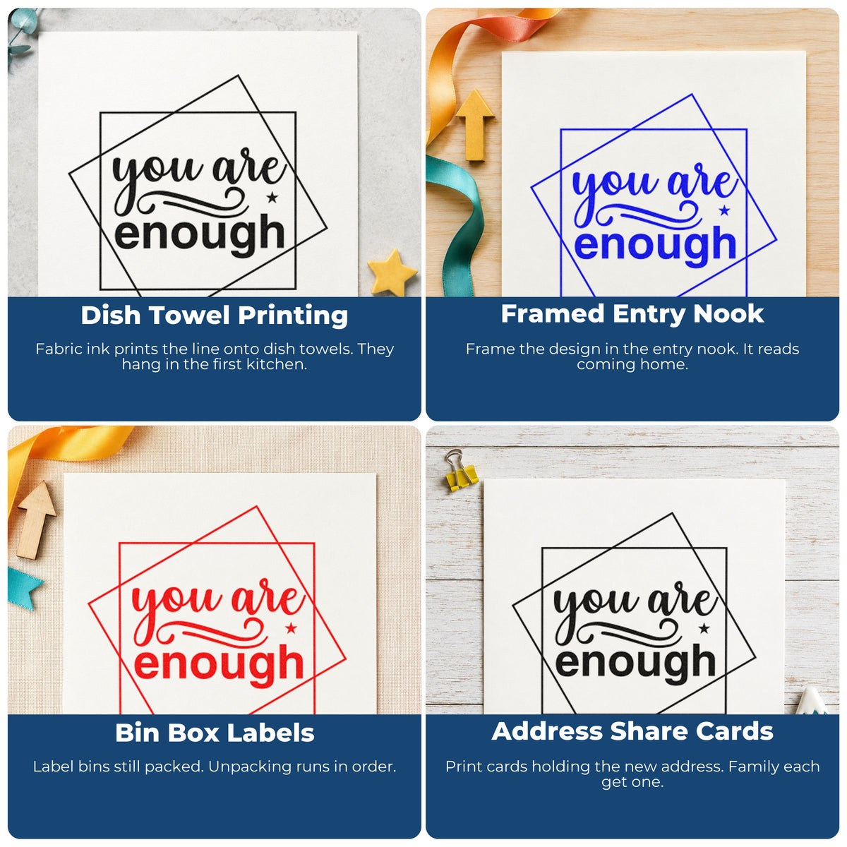 Four ways to use the You Are Enough Overlapping Squares Rubber Stamp – Wood Handle: dish towel printing, framed entry nook, bin box labels and address share cards.