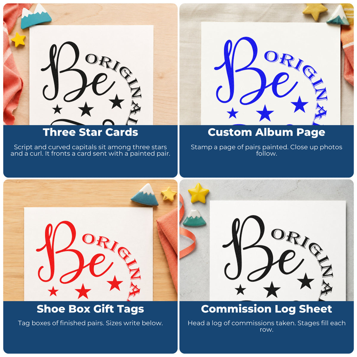 Four ways to use the Be Original Wood Handle Stamp: three star cards, custom album page, shoe box gift tags and commission log sheet.
