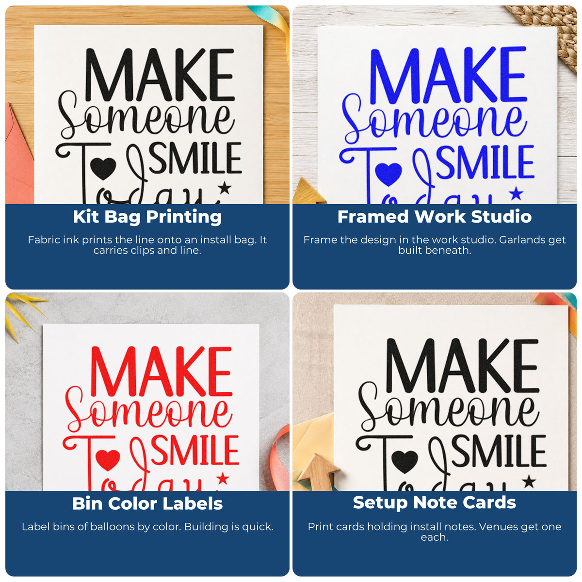 Four ways to use the Make Someone Smile Today Wood-Mounted Rubber Stamp: kit bag printing, framed work studio, bin color labels and setup note cards.