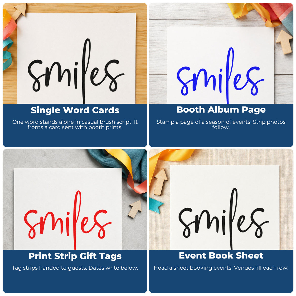 Four ways to use the Wood Handle Smiles Simple Brush Script Rubber Stamp: single word cards, booth album page, print strip gift tags and event book sheet.