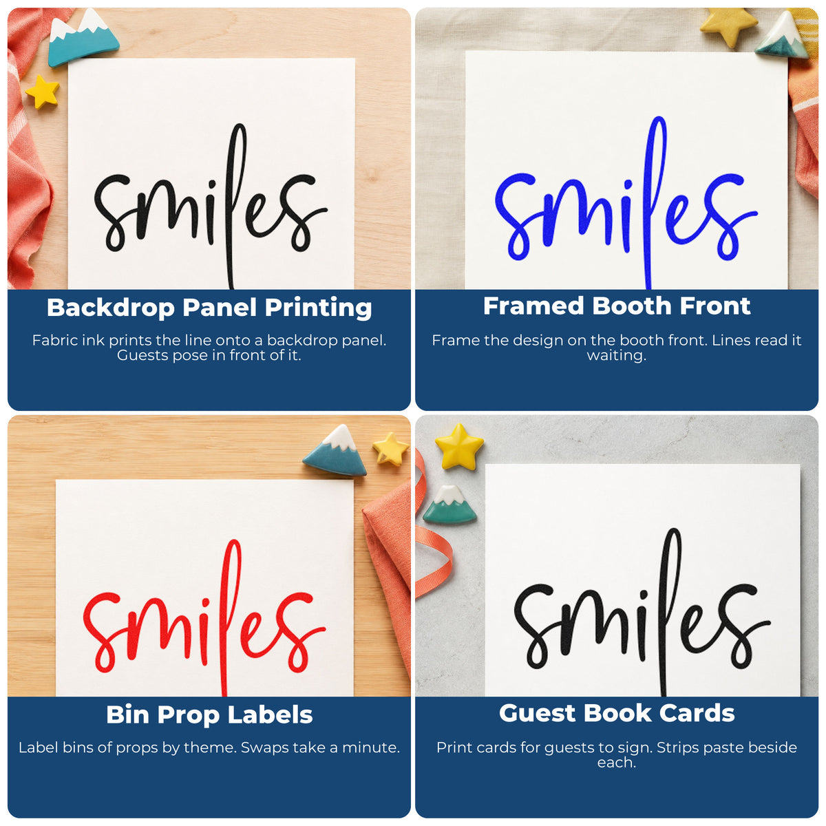 Four ways to use the Wood Handle Smiles Simple Brush Script Rubber Stamp: backdrop panel printing, framed booth front, bin prop labels and guest book cards.