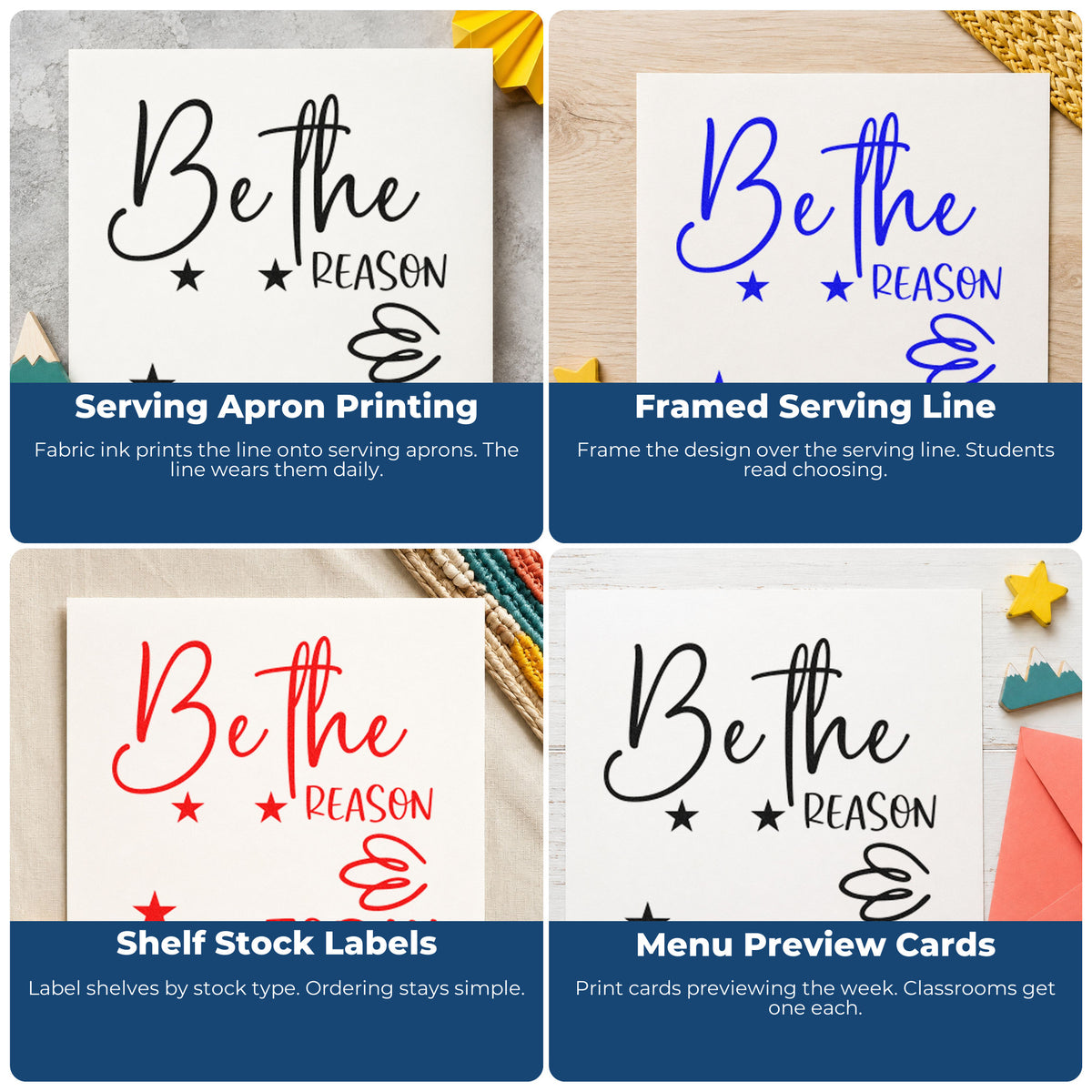 Four ways to use the Duo Hand Be The Reason Today With Stars Rubber Stamp: serving apron printing, framed serving line, shelf stock labels and menu preview cards.