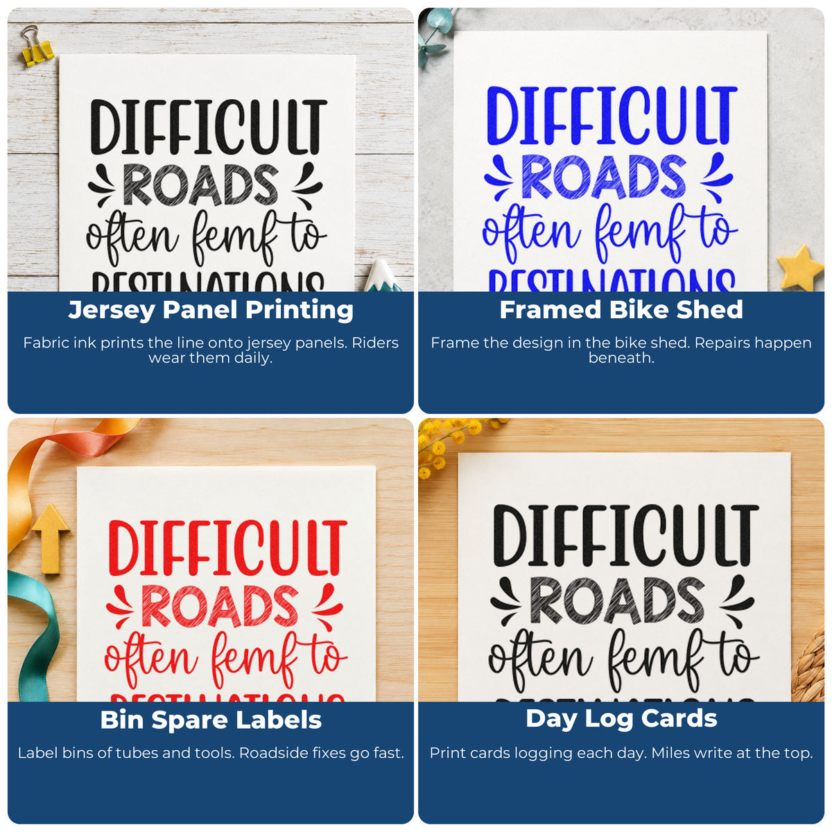 Four ways to use the Difficult Roads Decorative Lettering Stamp – Self-Inking: jersey panel printing, framed bike shed, bin spare labels and day log cards.