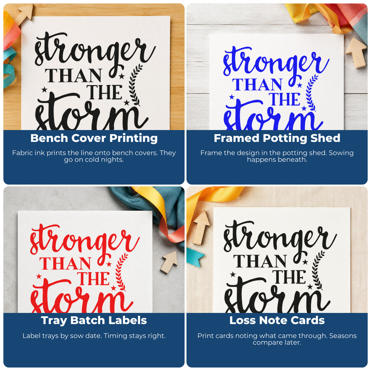 Four ways to use the Stronger Than The Storm Botanical Sprig Rubber Stamp – Duo Hand: bench cover printing, framed potting shed, tray batch labels and loss note cards.